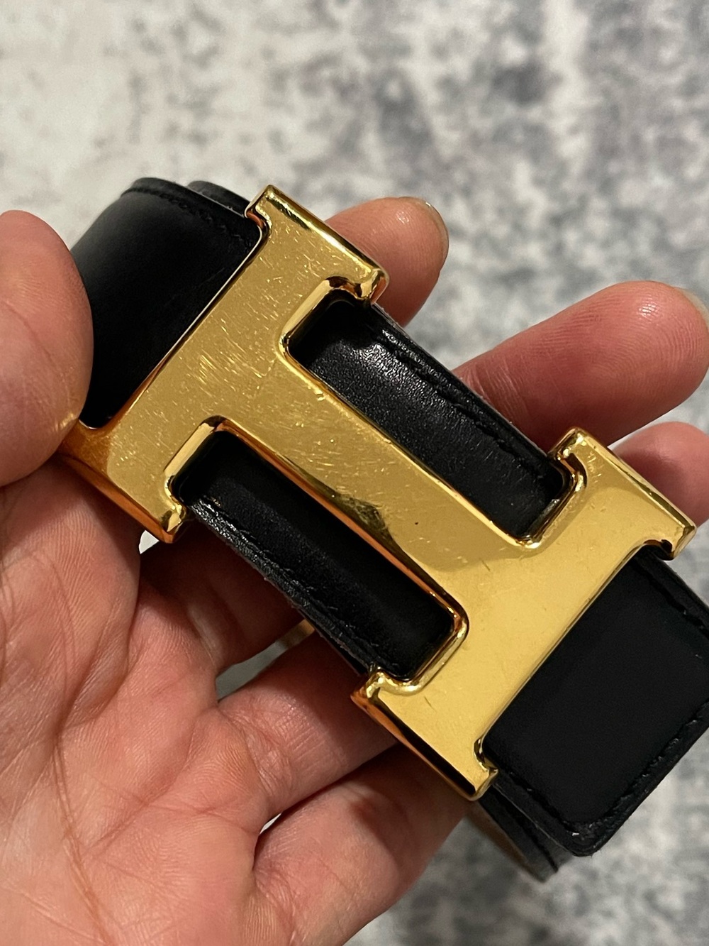 Hermes Black Leather Belt with Gold H Buckle